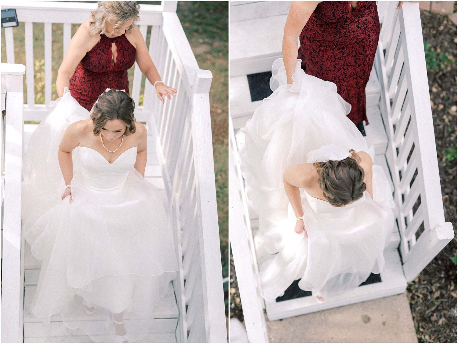 Wedding party photos featuring burgundy bridesmaid dresses and a white bridal gown on outdoor steps.