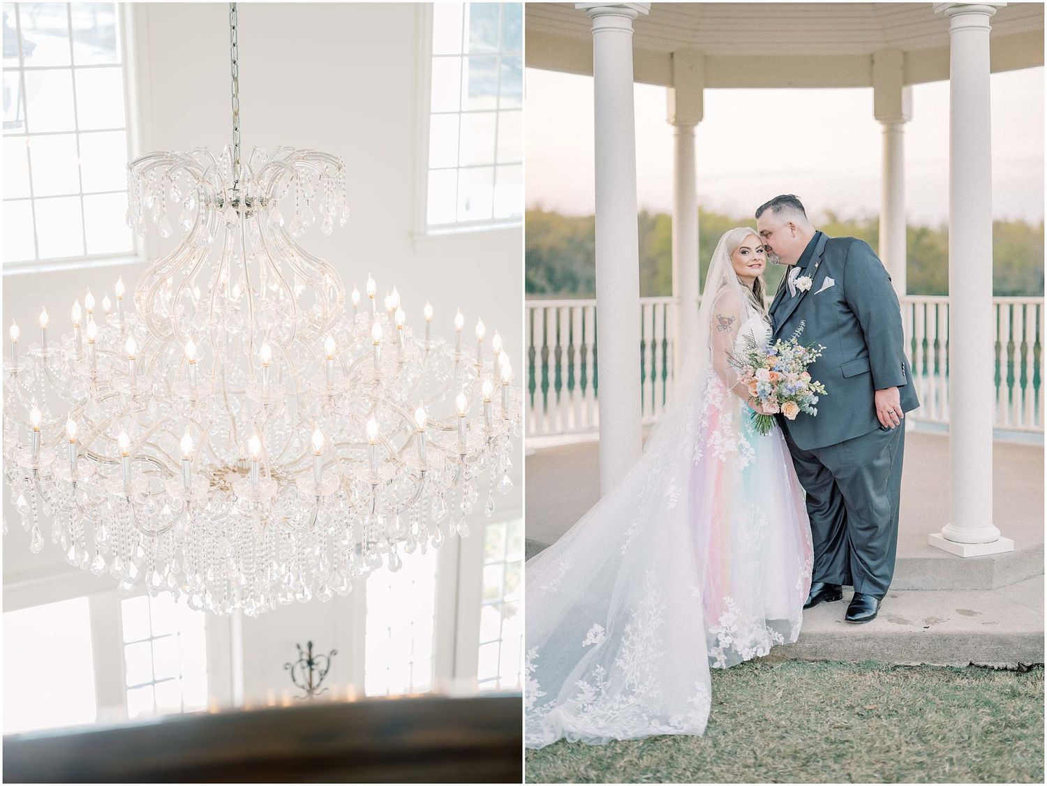 Elegant outdoor wedding portraits captured on a classic white columned veranda.