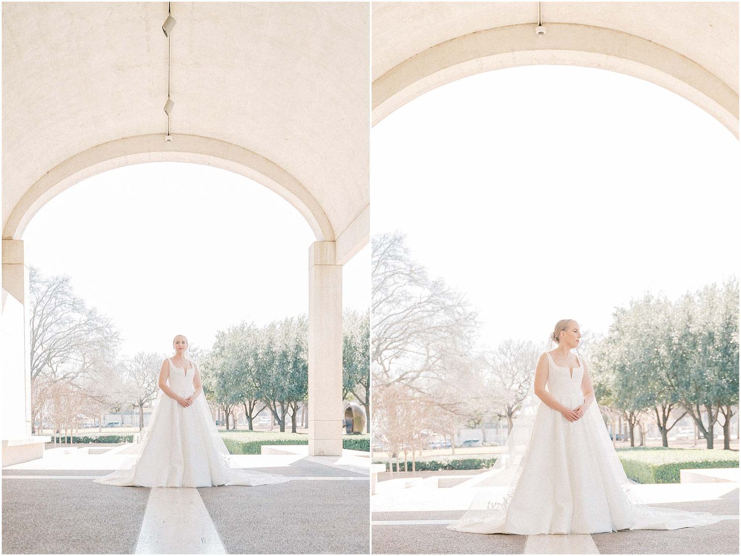 Bright wedding photography under an elegant white archway with garden views.