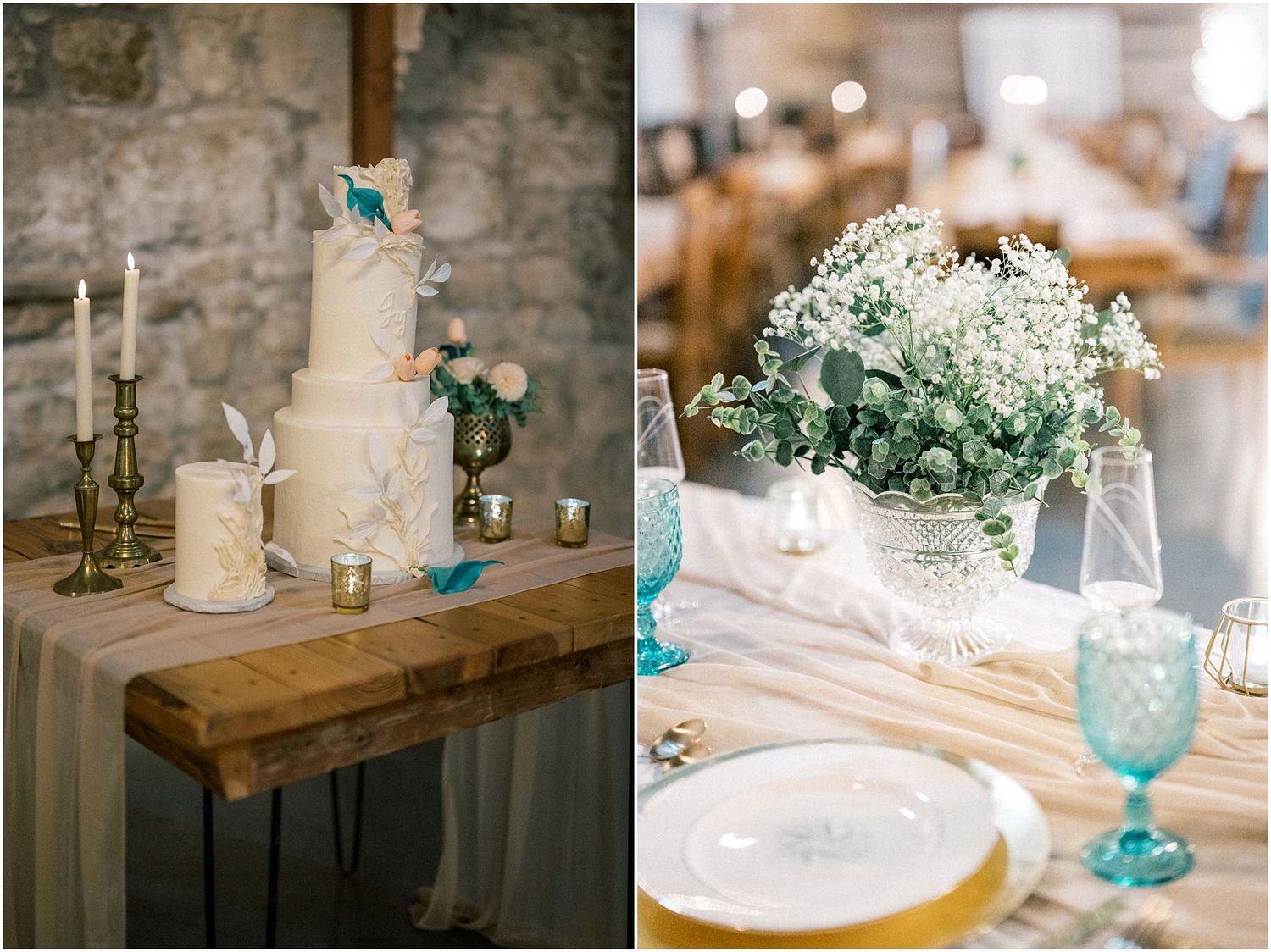 Wedding cake and table decorations featuring white flowers and turquoise glassware on wooden surfaces.