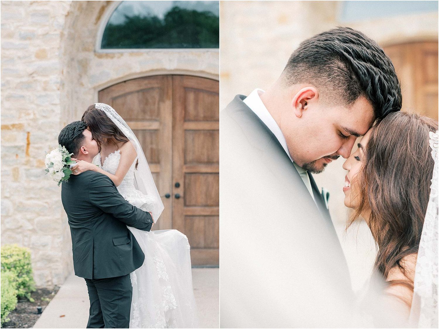 Elegant wedding portraits captured against a rustic stone wall backdrop.