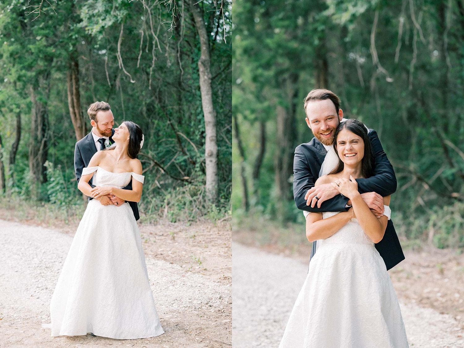 Wedding portraits captured on a wooded path with natural forest scenery.