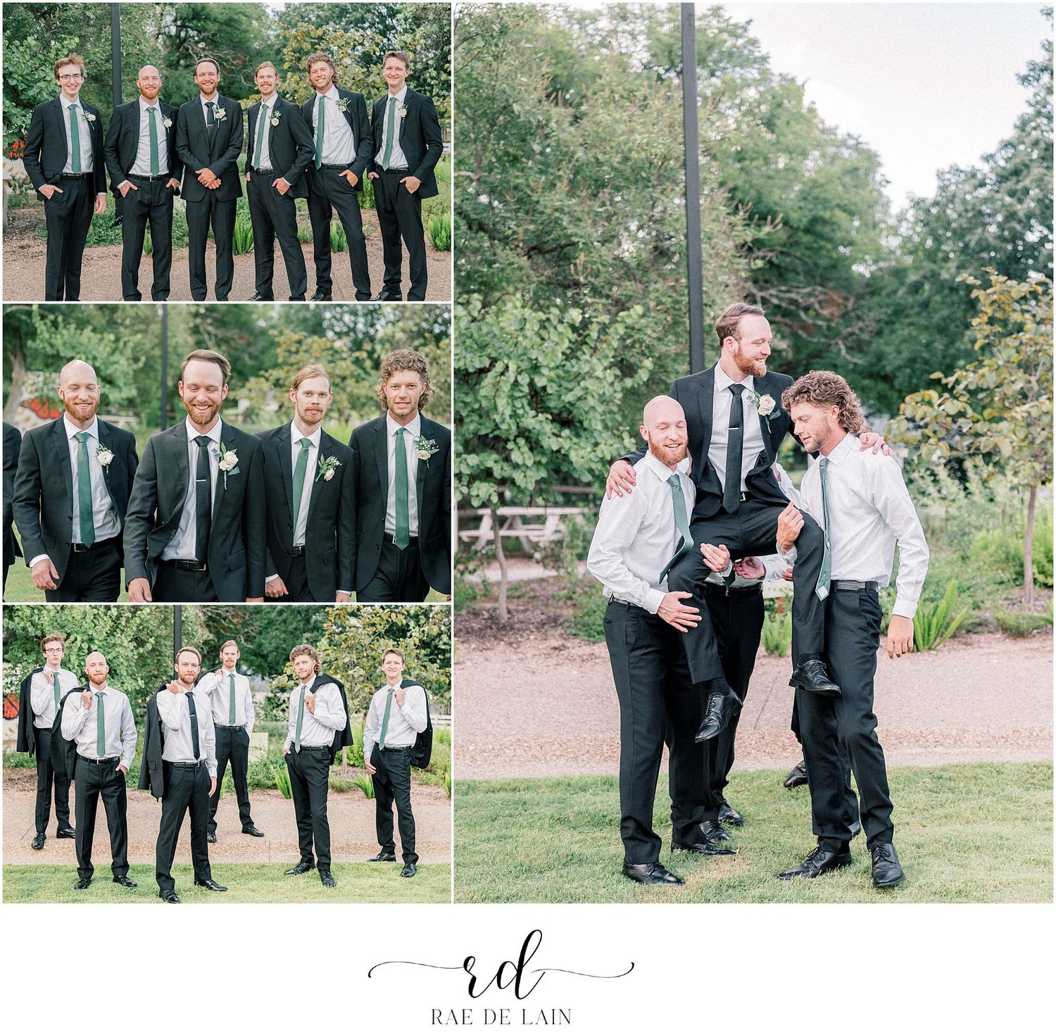 Groomsmen in dark suits posing together outdoors for wedding photos.
