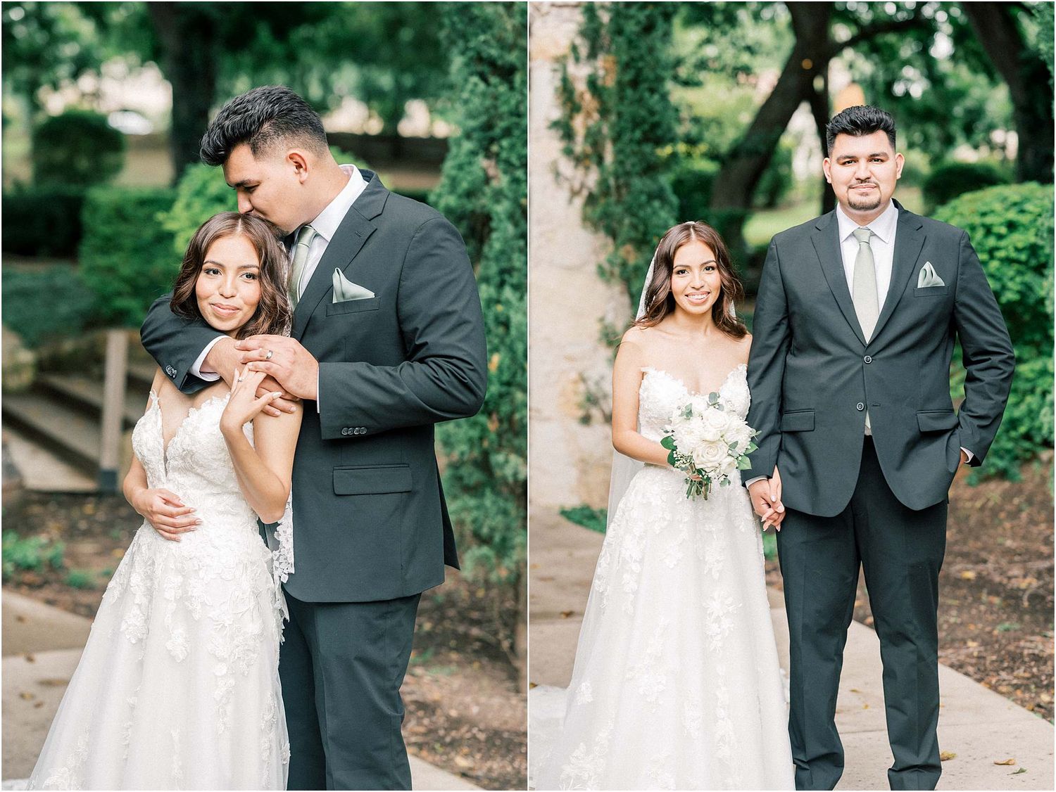 Natural light illuminates tender moments between newlyweds in a garden setting.
