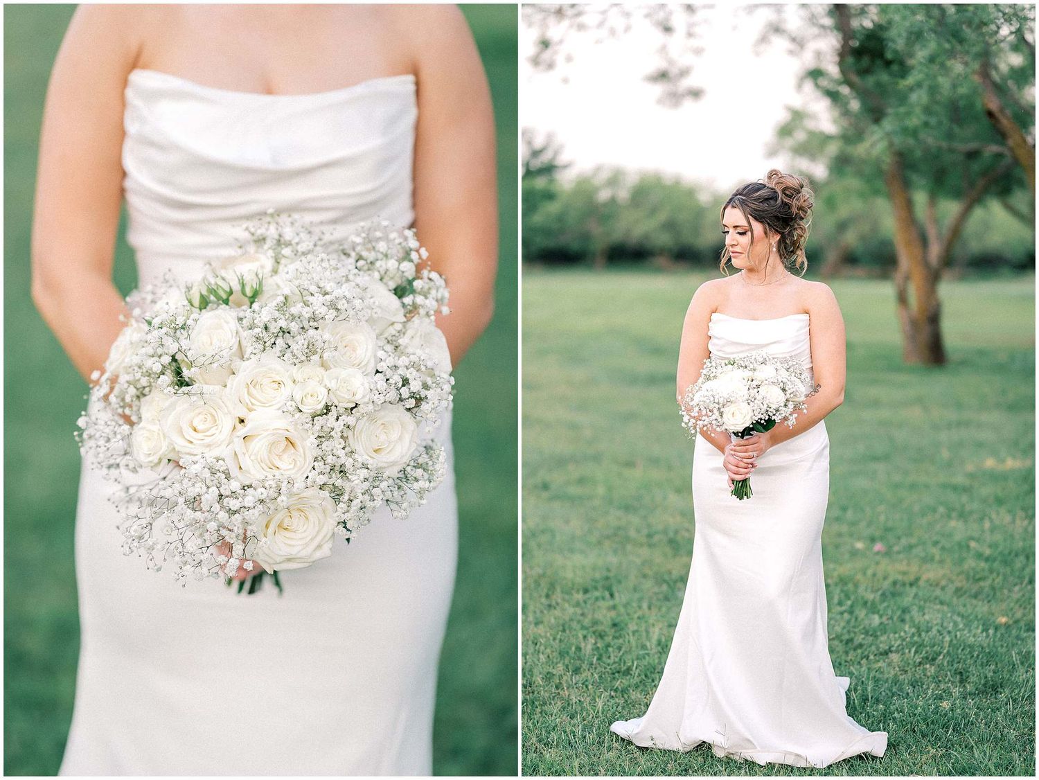 Elegant white wedding bouquet details and bridal portraits in a natural outdoor setting.