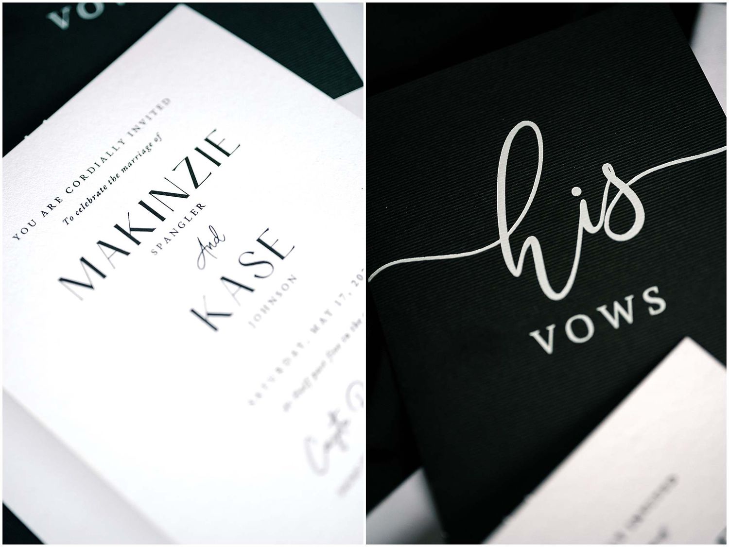 Black and white wedding stationery suite featuring elegant calligraphy and modern typography.