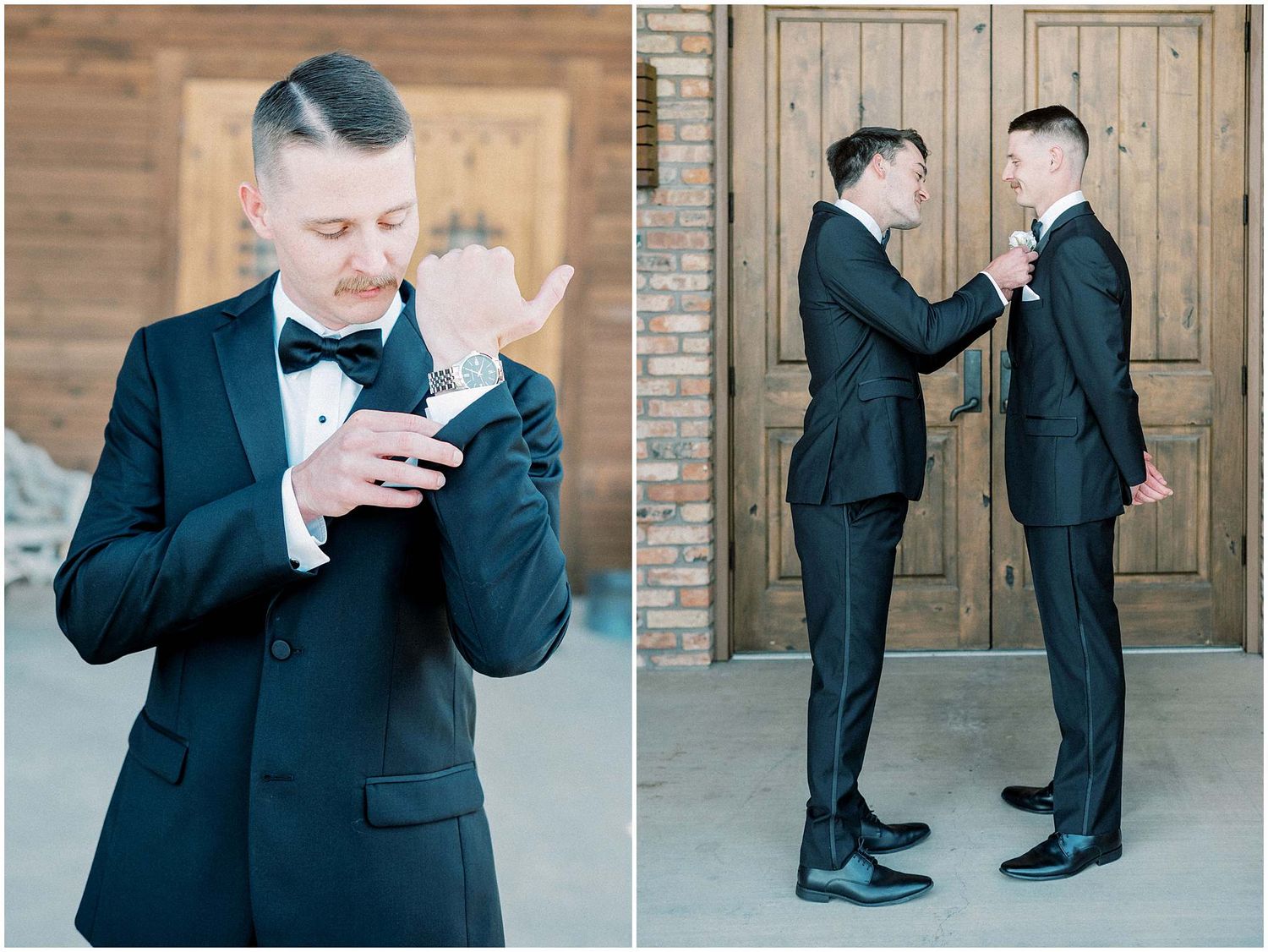 Groomsmen in black tuxedos sharing candid moments before wedding ceremony.
