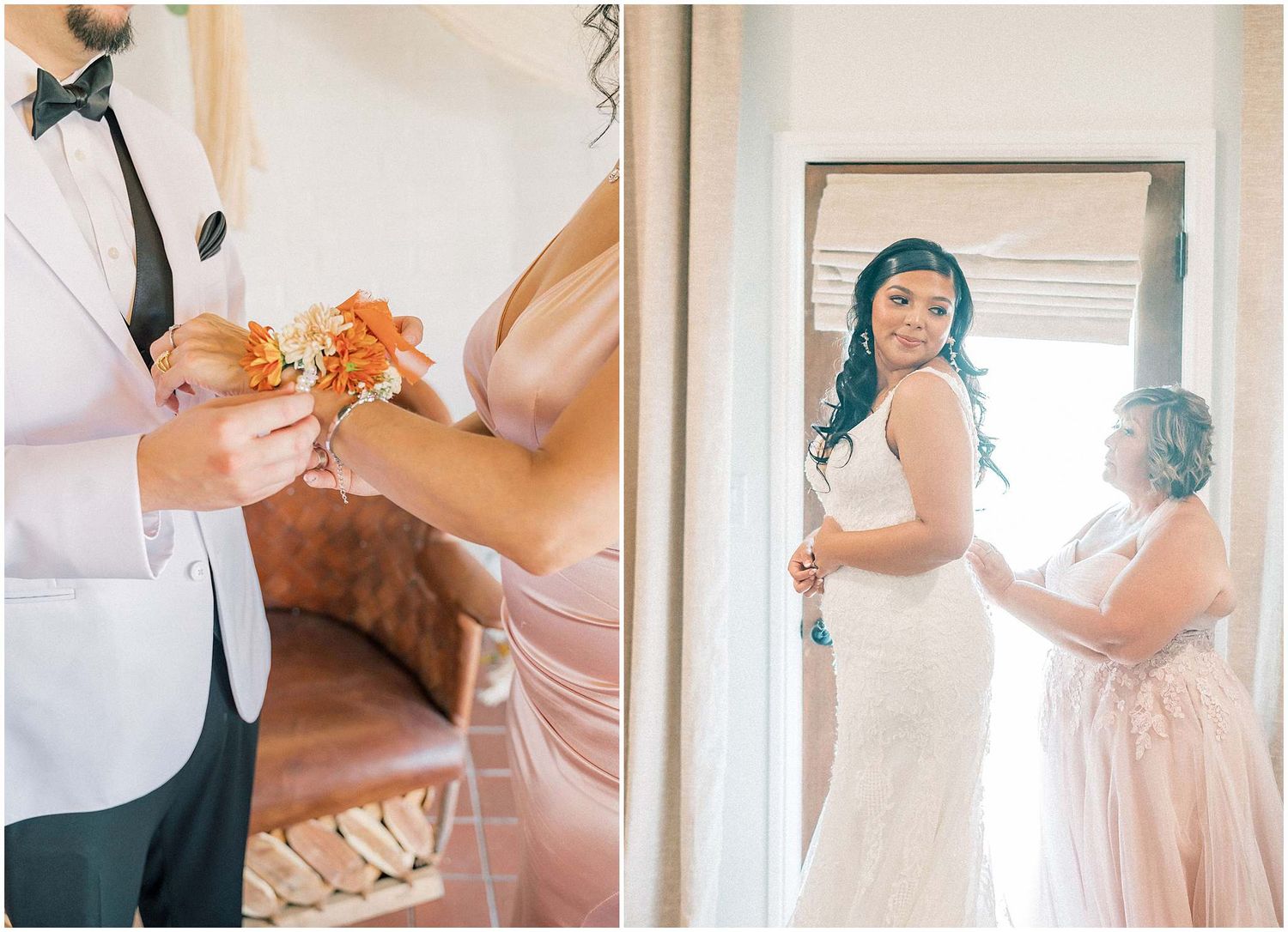 Wedding preparation details showing floral accessories and final dress adjustments in a bright interior setting.