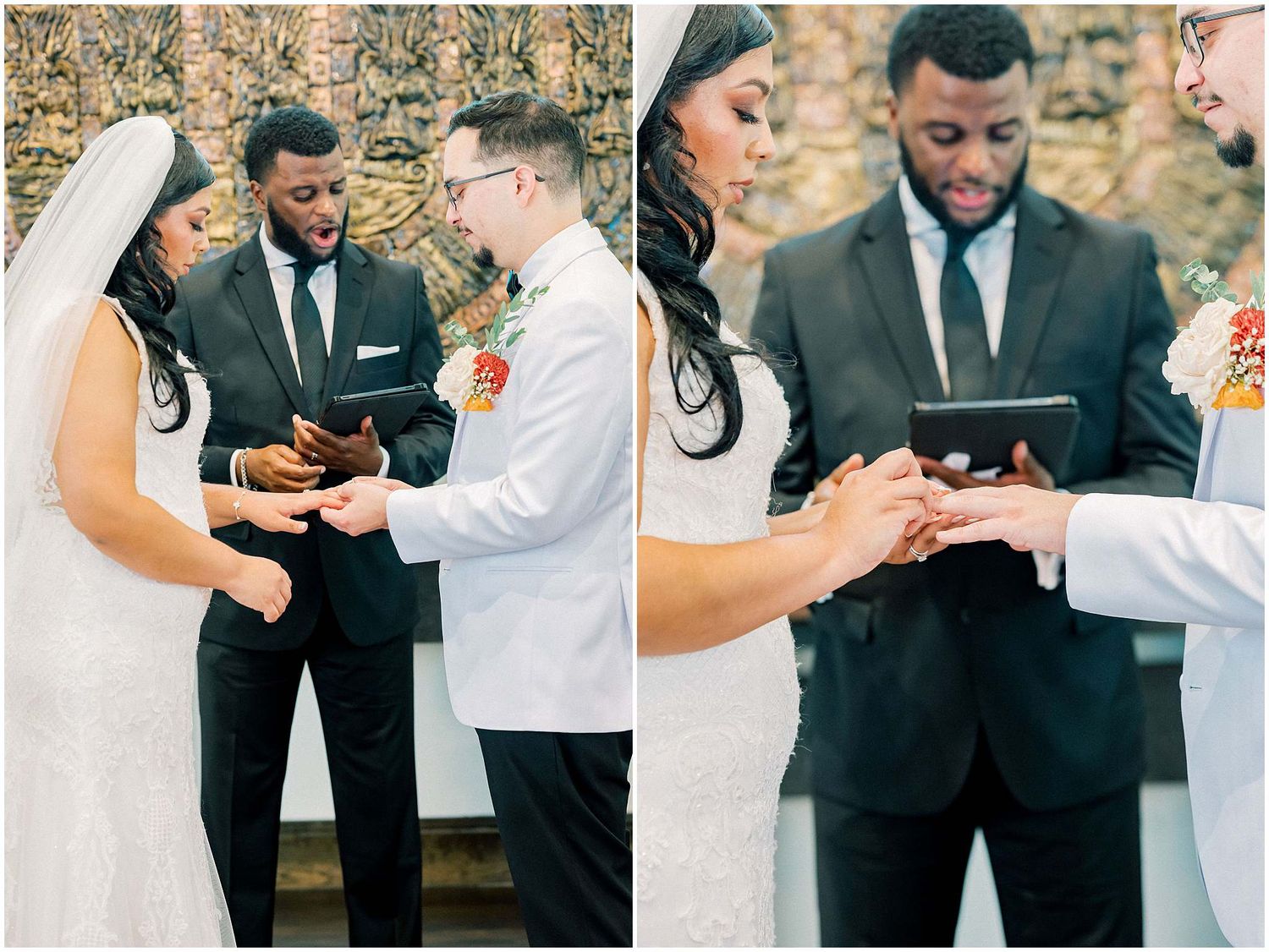 Intimate wedding ceremony moments captured in sequence with officiant and couple.