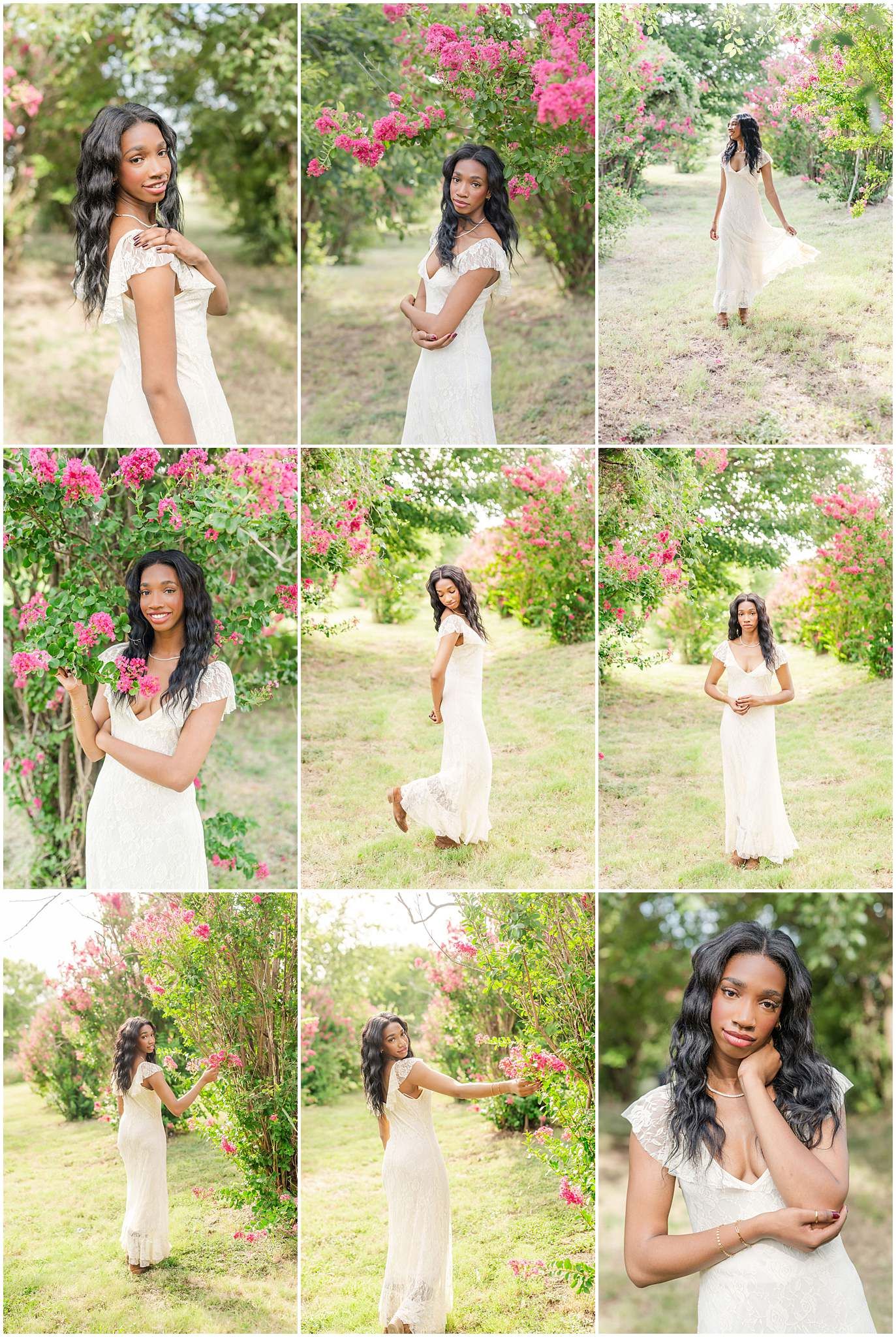 Young Black woman in white lace dress poses gracefully among vibrant pink flowering bushes in a lush green garden setting.