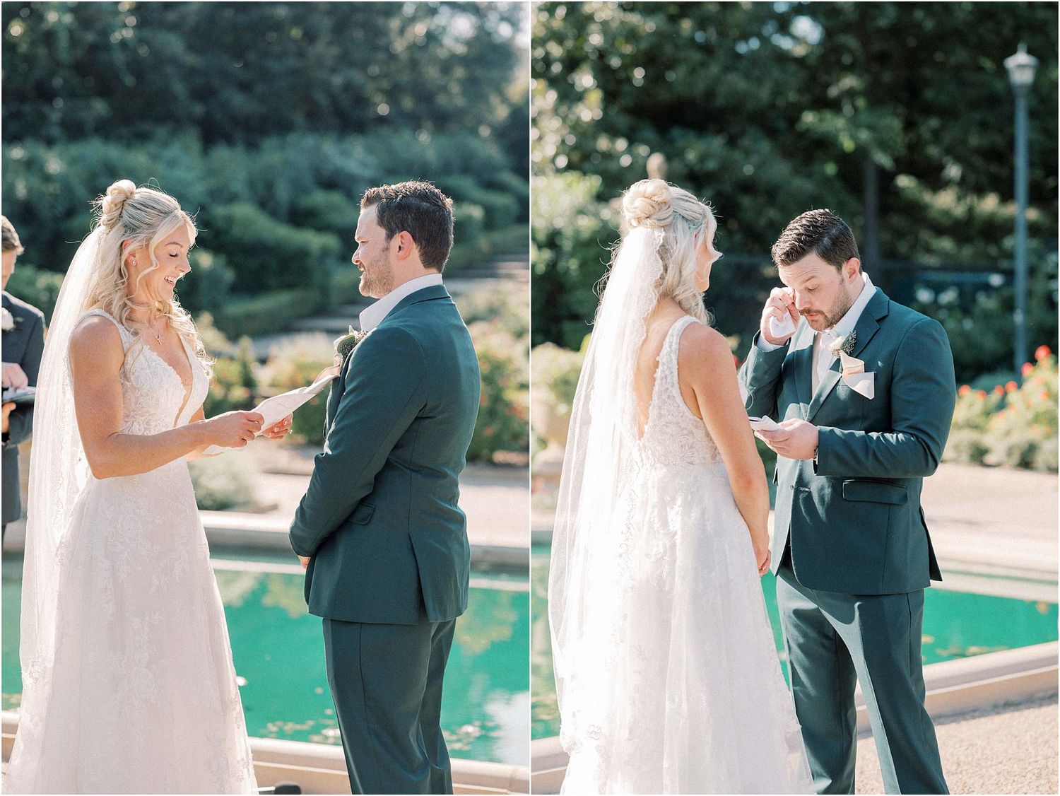 Intimate wedding ceremony moments captured in a sunlit garden setting.