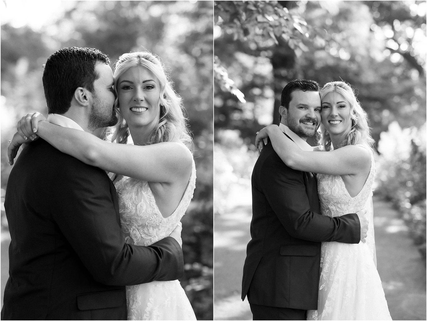 Black and white wedding portraits showing tender moments in a natural outdoor setting.