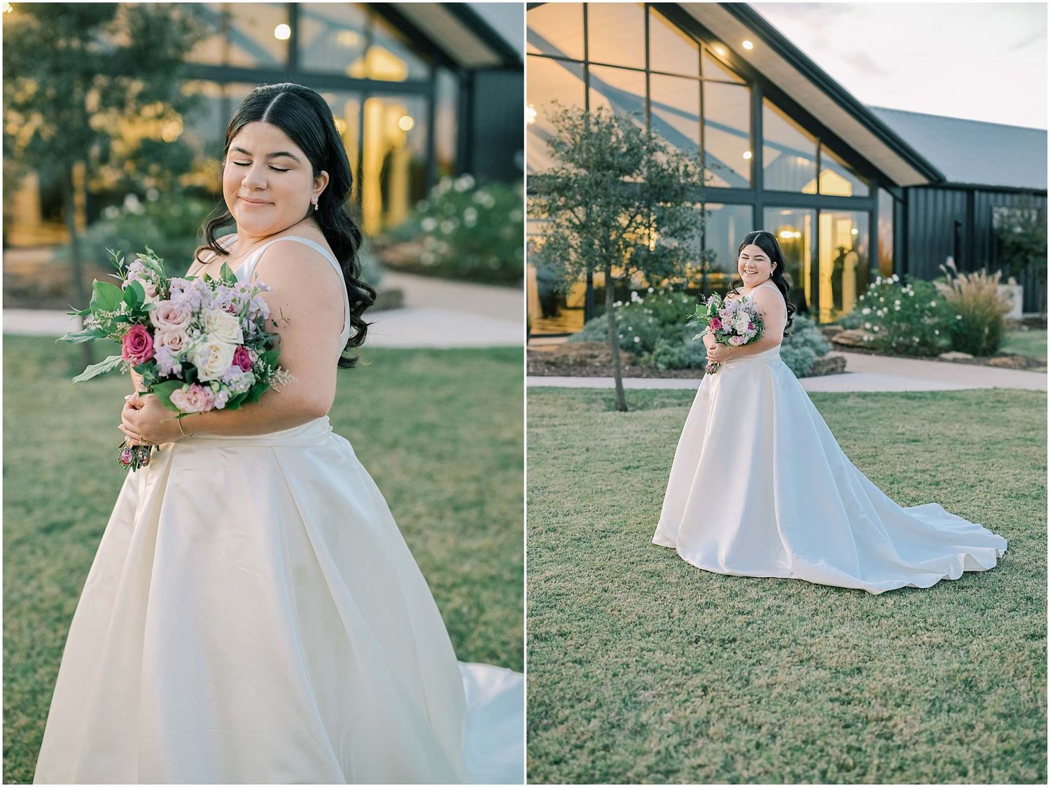 Elegant bridal portraits showcasing a white ballgown dress against a modern venue backdrop.