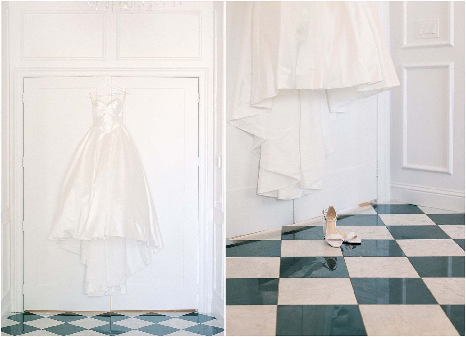 Elegant white wedding dress hanging on wall beside checkered floor with bridal heels in a classic venue.