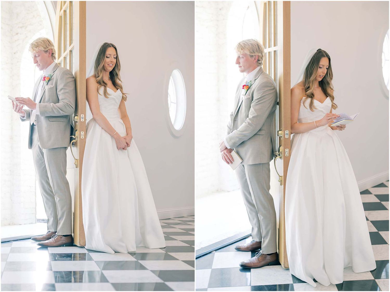 Bride and groom exchanging personal vows in an elegant venue with black and white checkered floors and white walls.