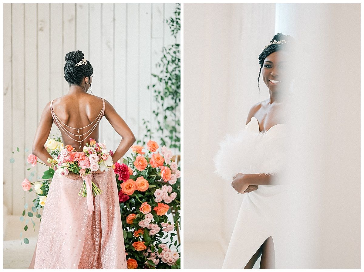 Back view of pink gown with floral details and romantic white dress in natural light.