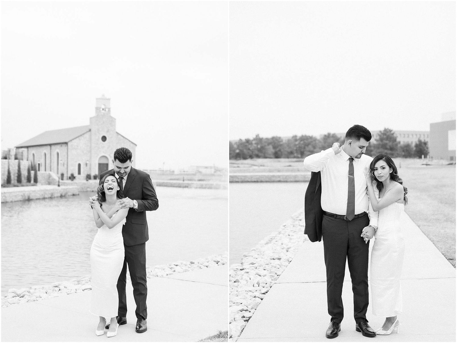 A series of romantic black and white photos showing a couple walking and embracing along a stone pathway.