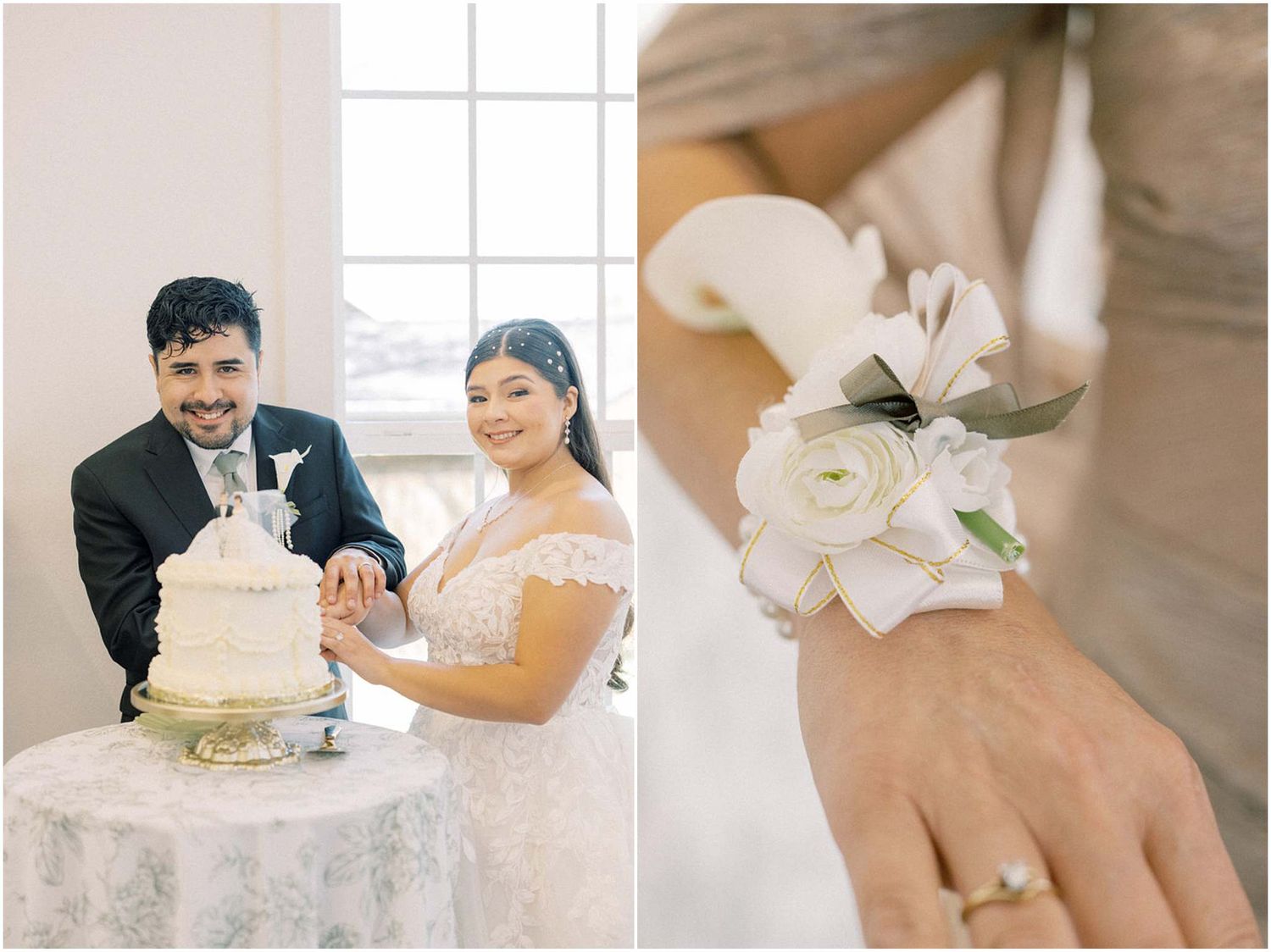 A wedding couple cuts their elegant white tiered cake while a delicate floral corsage adorns a wrist in a soft-lit setting.
