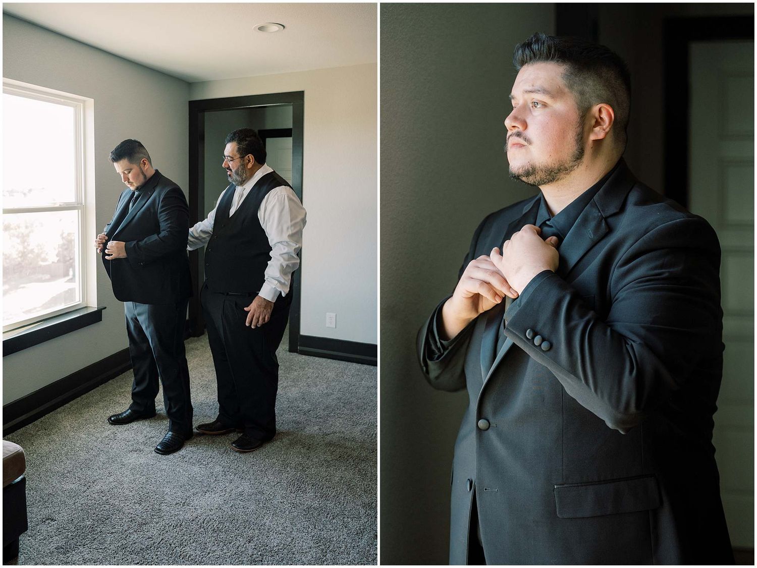 Men in formal black suits and vests preparing for a special occasion near a window.