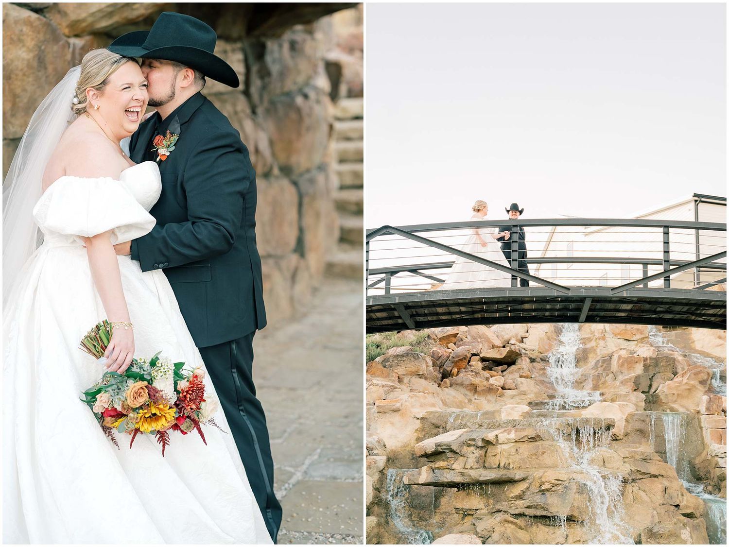 Romantic wedding portraits captured against rustic stone architecture at sunset.