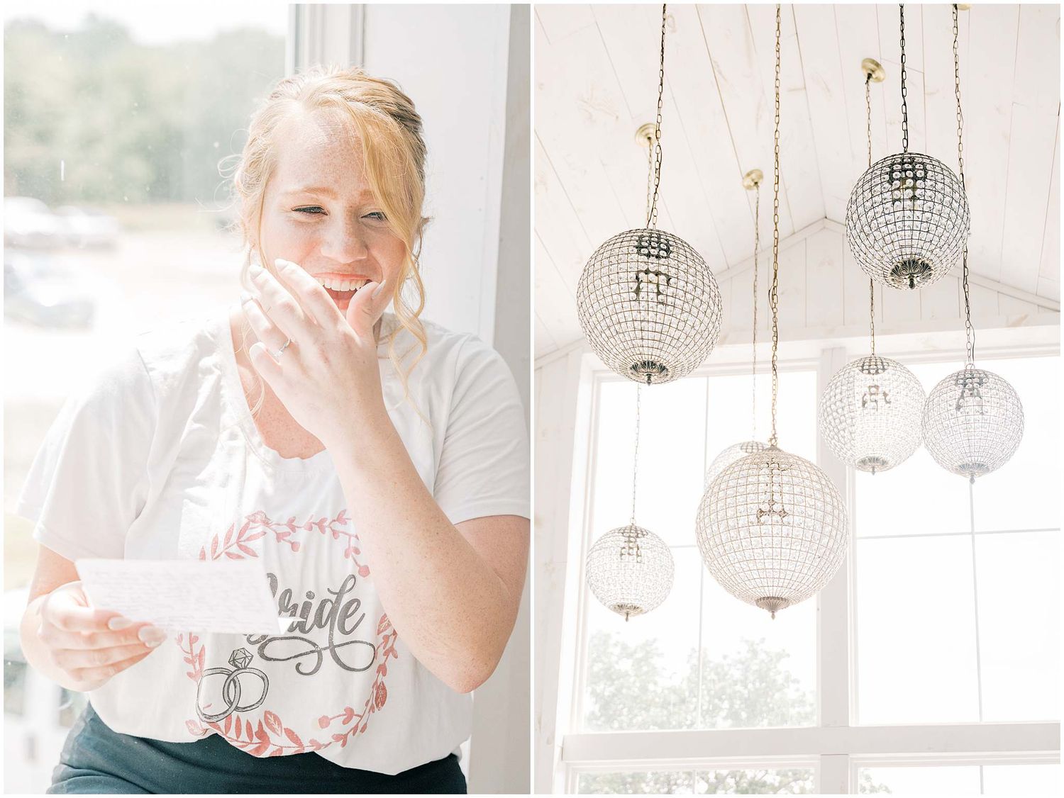 A bright white room with crystal chandeliers features someone enjoying a meal at a dining table.