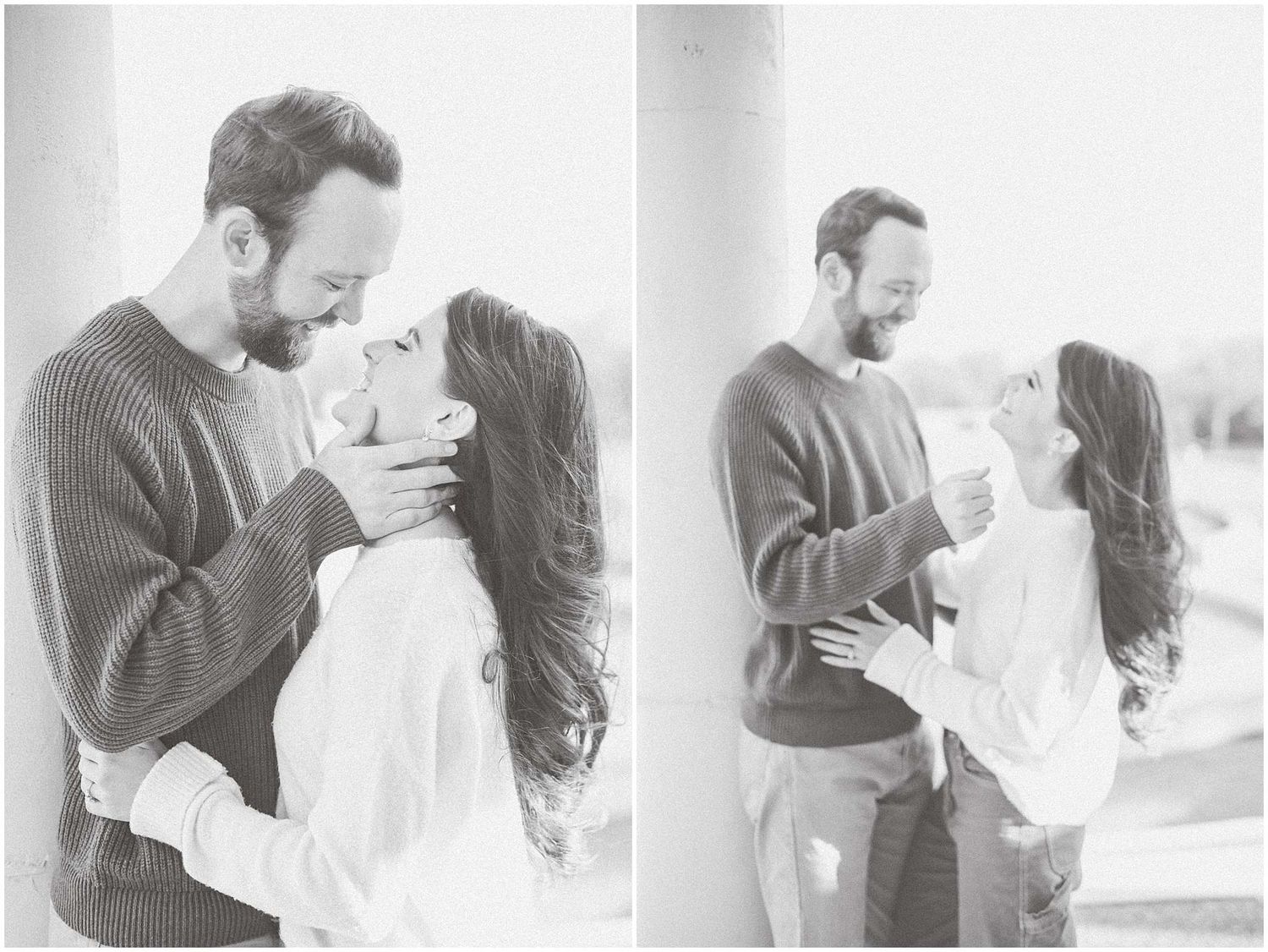 A romantic black and white photo series showing a couple embracing in an intimate indoor setting.