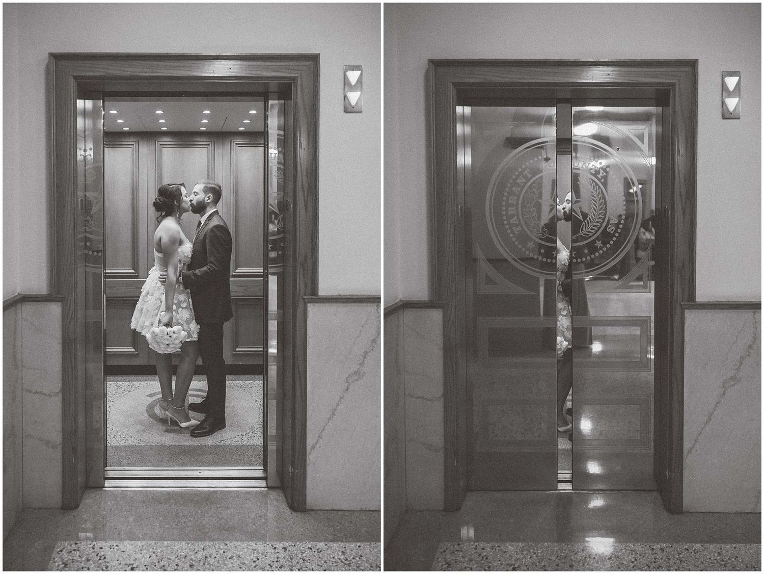 Black and white sequence of elevator doors opening and closing in an office building hallway.