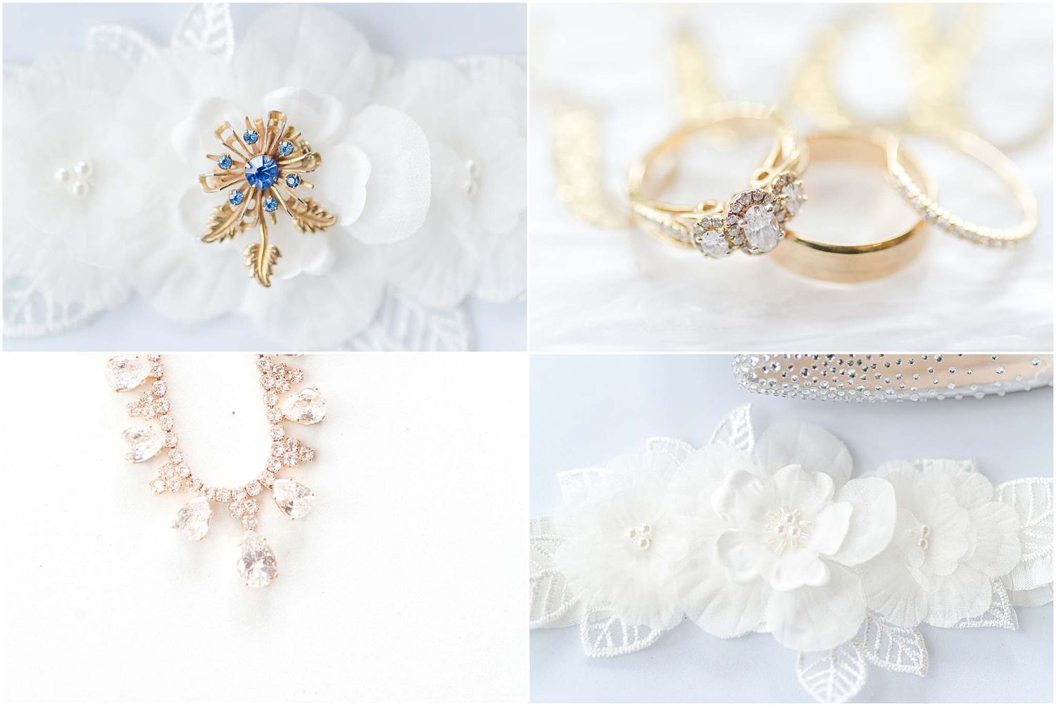 Elegant bridal accessories collage featuring floral brooch, gold rings, rose gold necklace, and lace garter with flowers.
