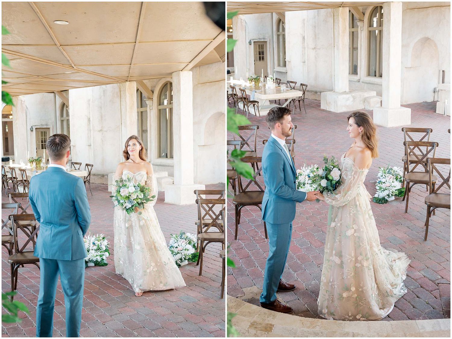 Wedding couple shares first look moment on an elegant outdoor patio with stone columns and wooden chairs.