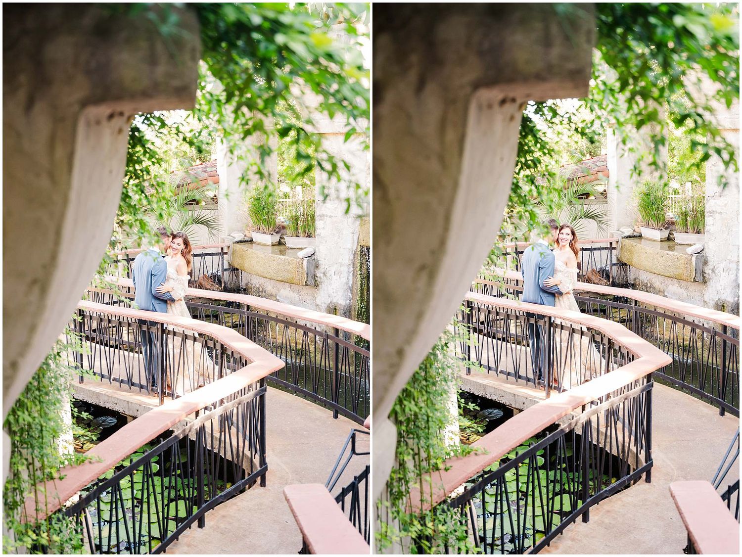 Romantic wedding photo sequence on a balcony with wrought iron railings and lush greenery overhead.