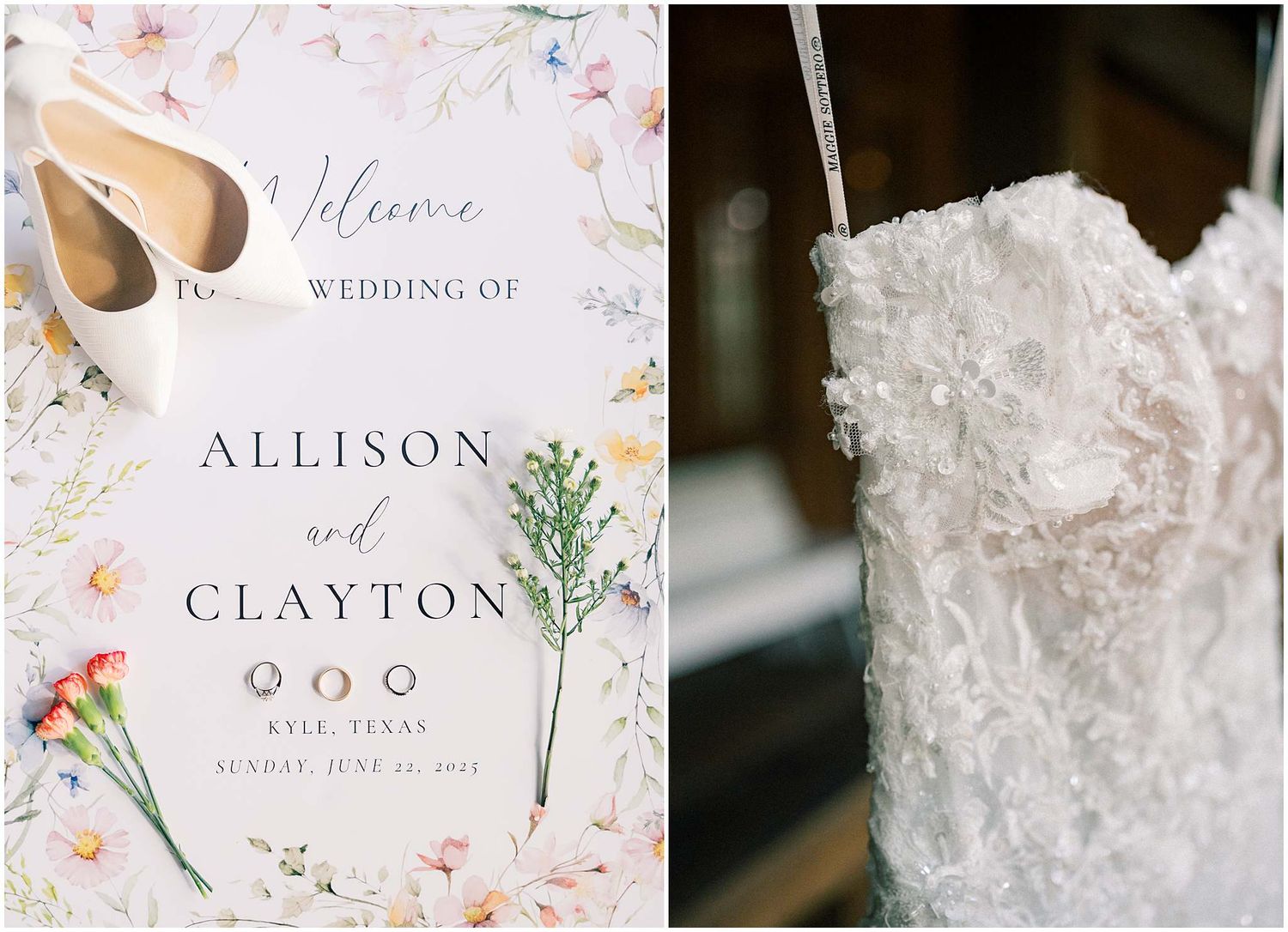 Wedding invitation with floral details and a white lace wedding dress hanging on display.