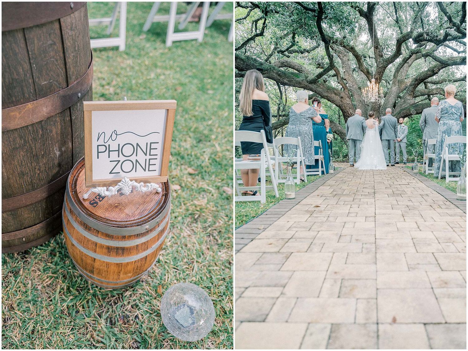 A rustic wooden barrel with a phone zone sign sits along a brick paved walkway in an outdoor garden setting.