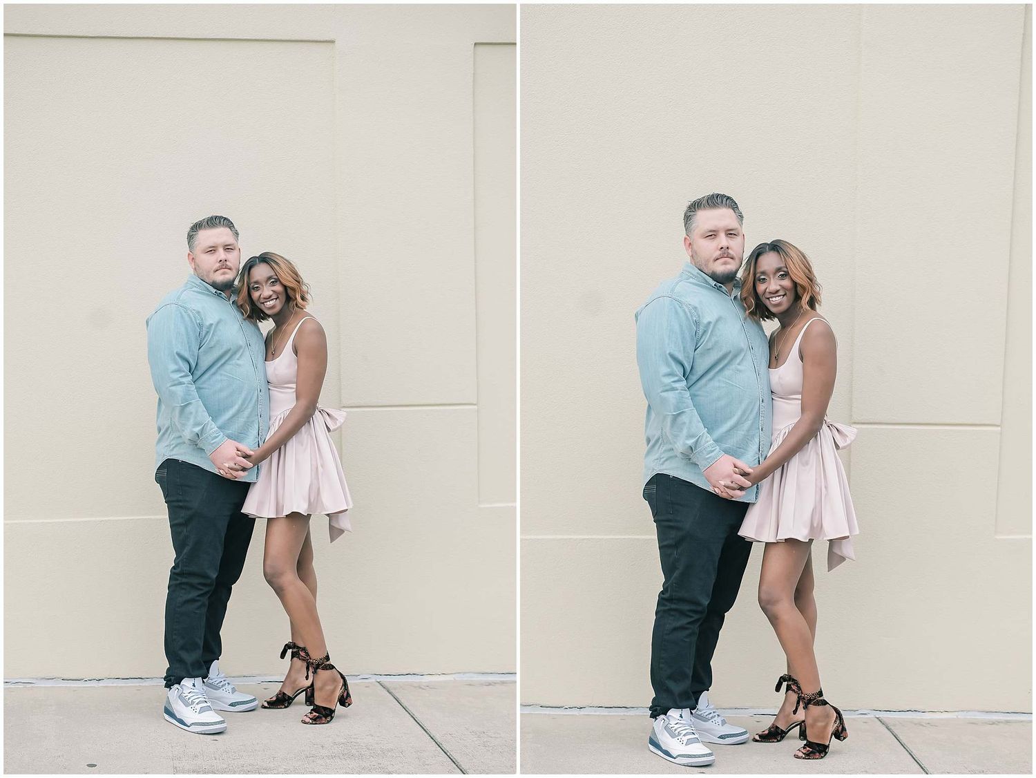 A couple in coordinated outfits poses playfully in a sequence of photos against a light colored wall.