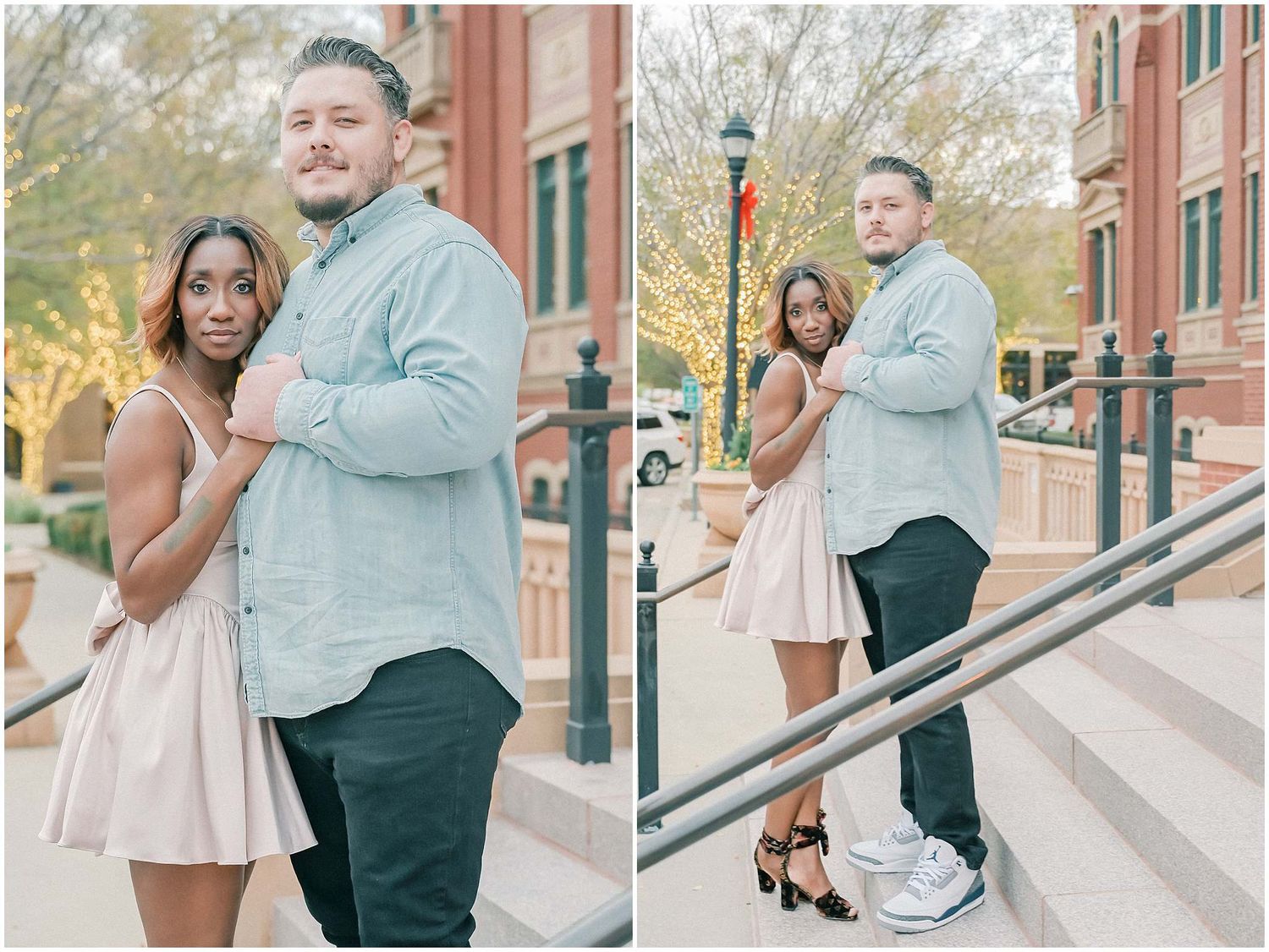 A couple shares romantic moments on brick steps during an outdoor engagement photo session in autumn.