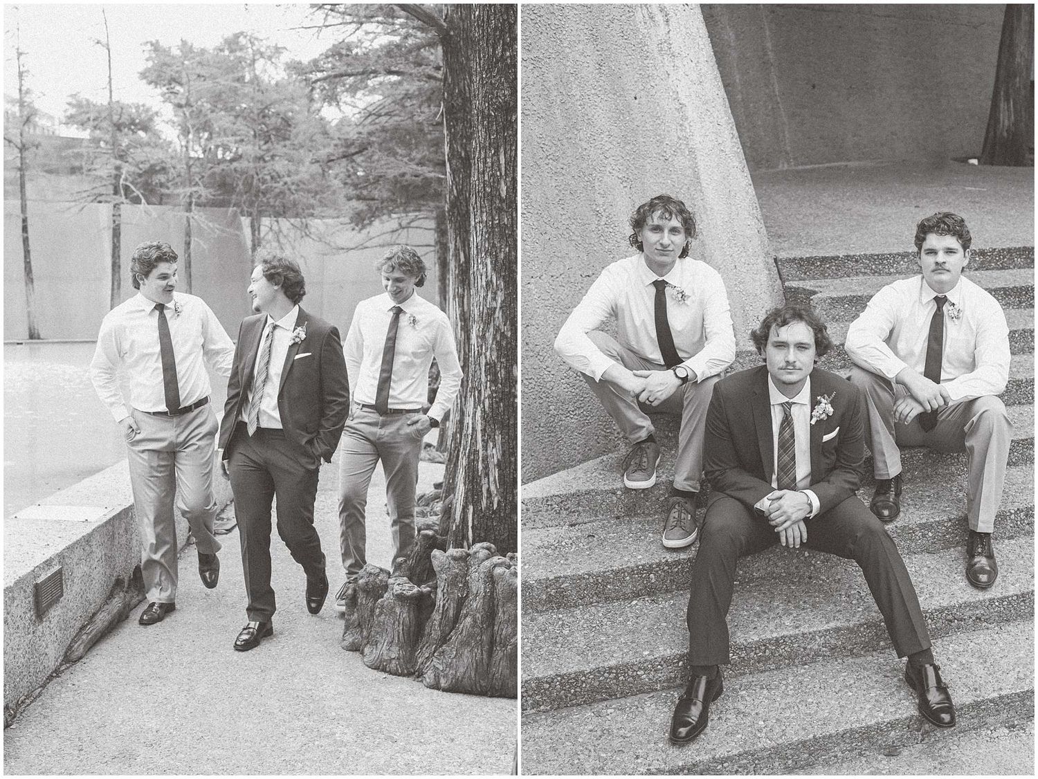 Black and white photo showing three friends in white shirts and ties posing casually on steps and outdoors.