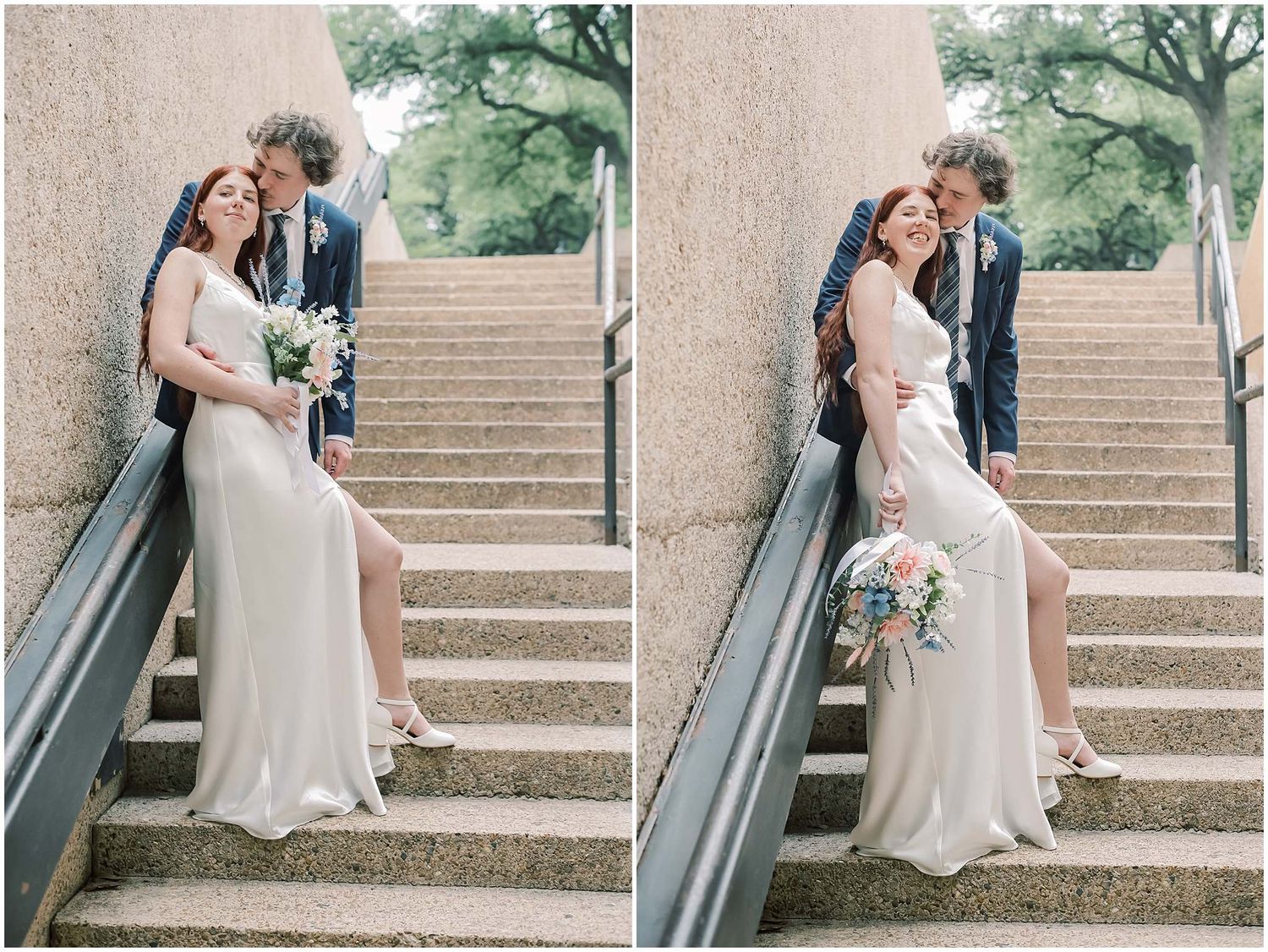 Wedding couple posing on stone steps for romantic portrait series.