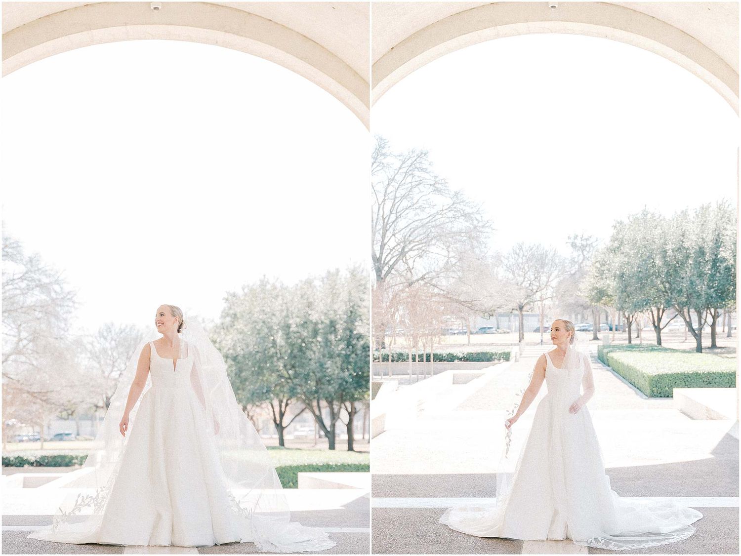 Full-length wedding dress photography in an outdoor garden setting.