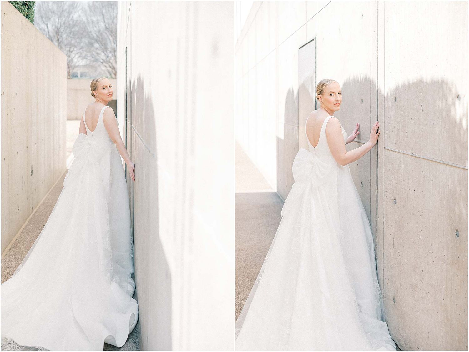 Diptych of bridal portraits showing a white wedding dress against concrete walls.
