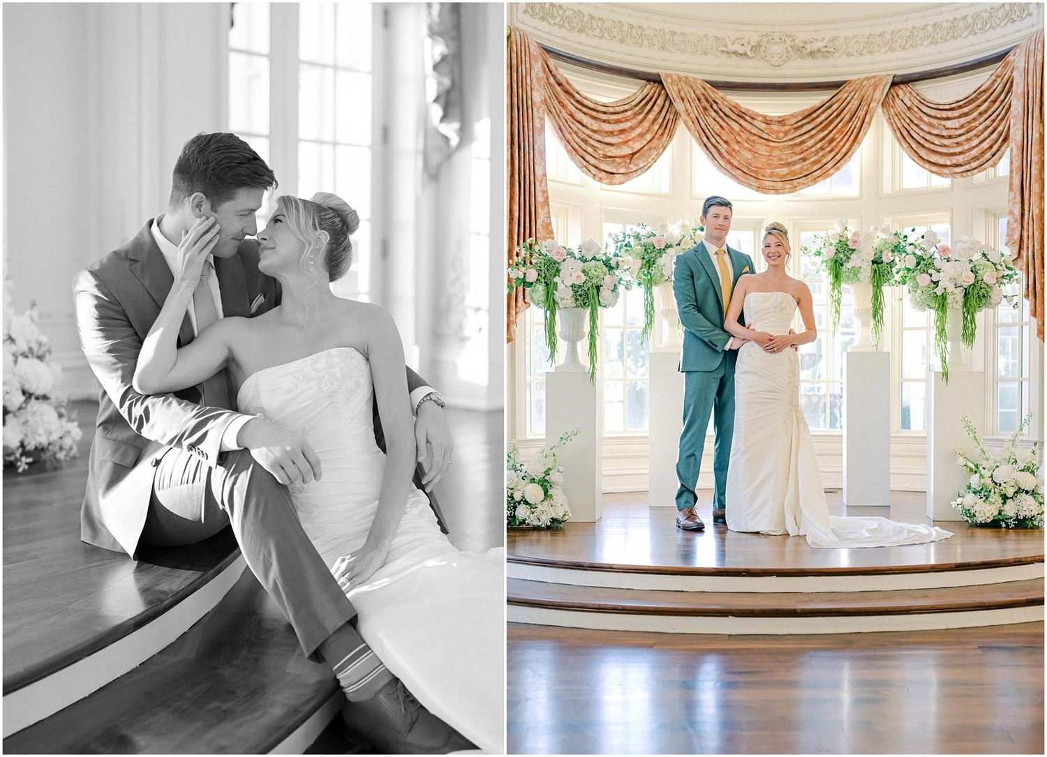 Romantic wedding moments captured in black and white in an elegant ballroom setting.