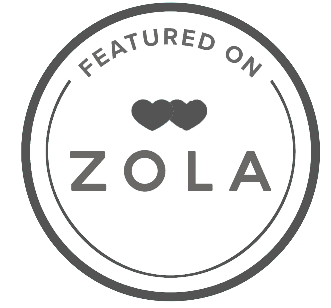 Collection of wedding vendor badges including Zola and The Knot in circular designs.