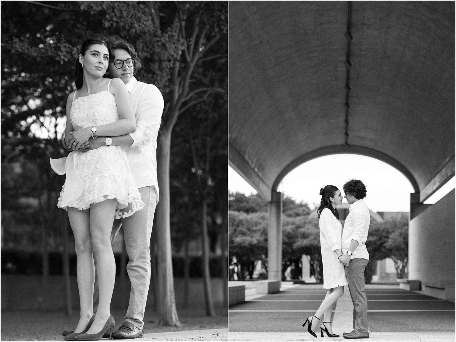 A romantic engagement photo session under concrete archways showing various intimate poses.