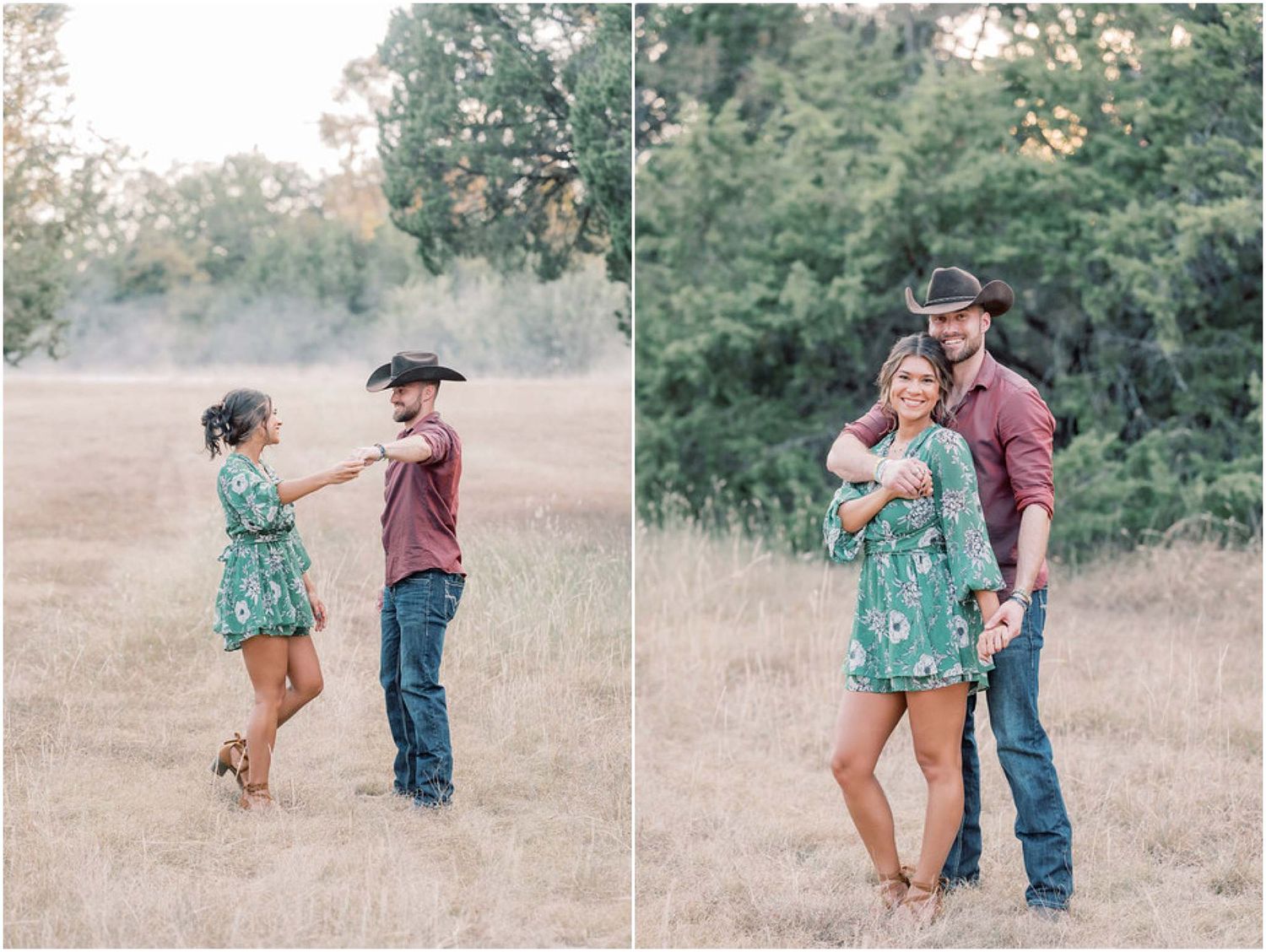 Romantic outdoor photoshoot showing dance moves in a natural setting.
