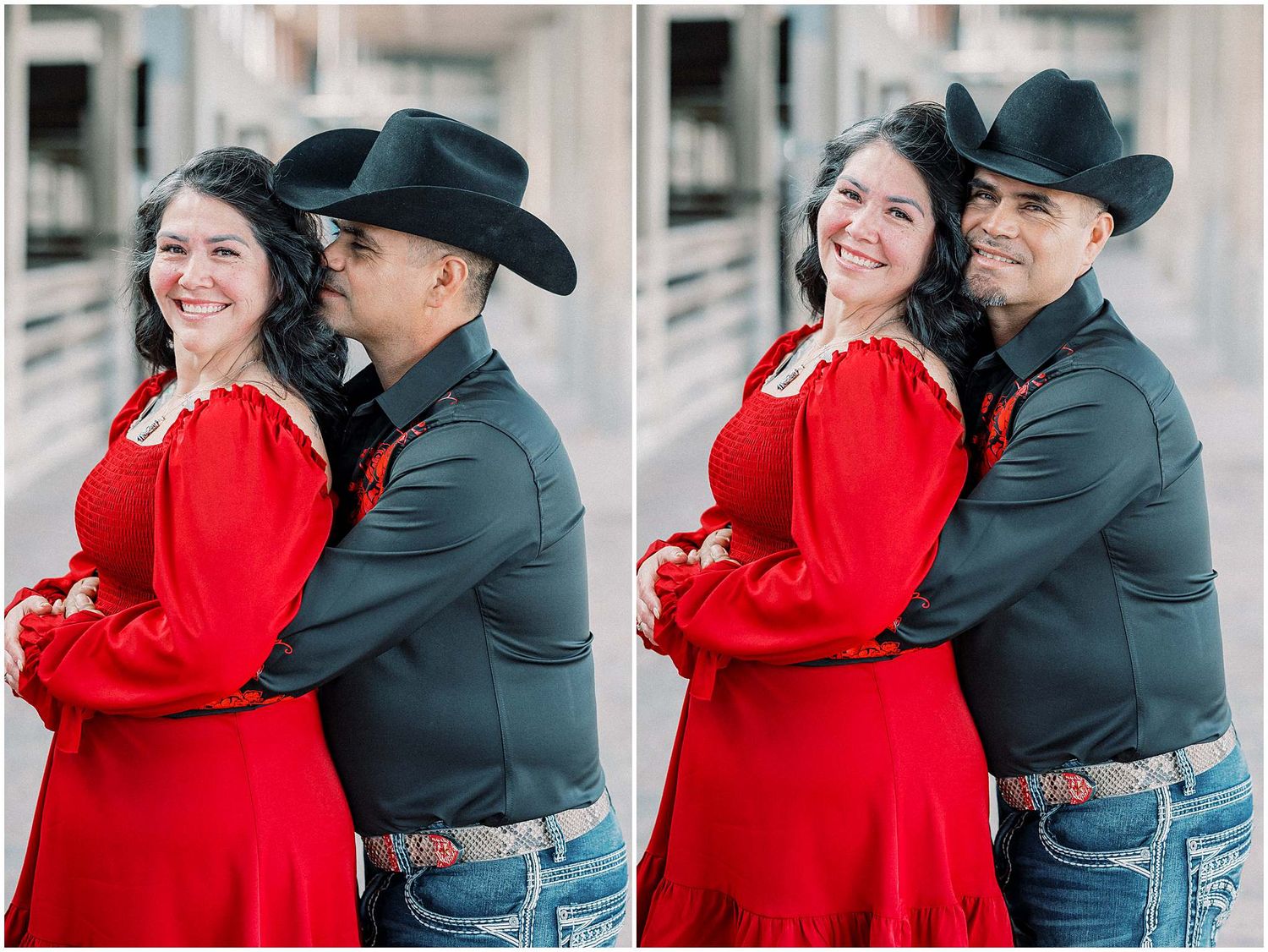Couple in red dress and western wear share affectionate poses in modern industrial setting.