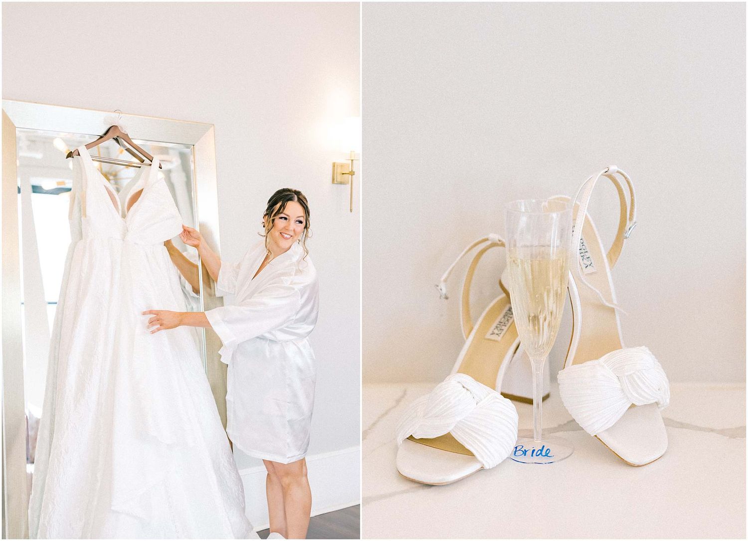 Wedding shoes and dress details photographed in clean, minimalist white setting.