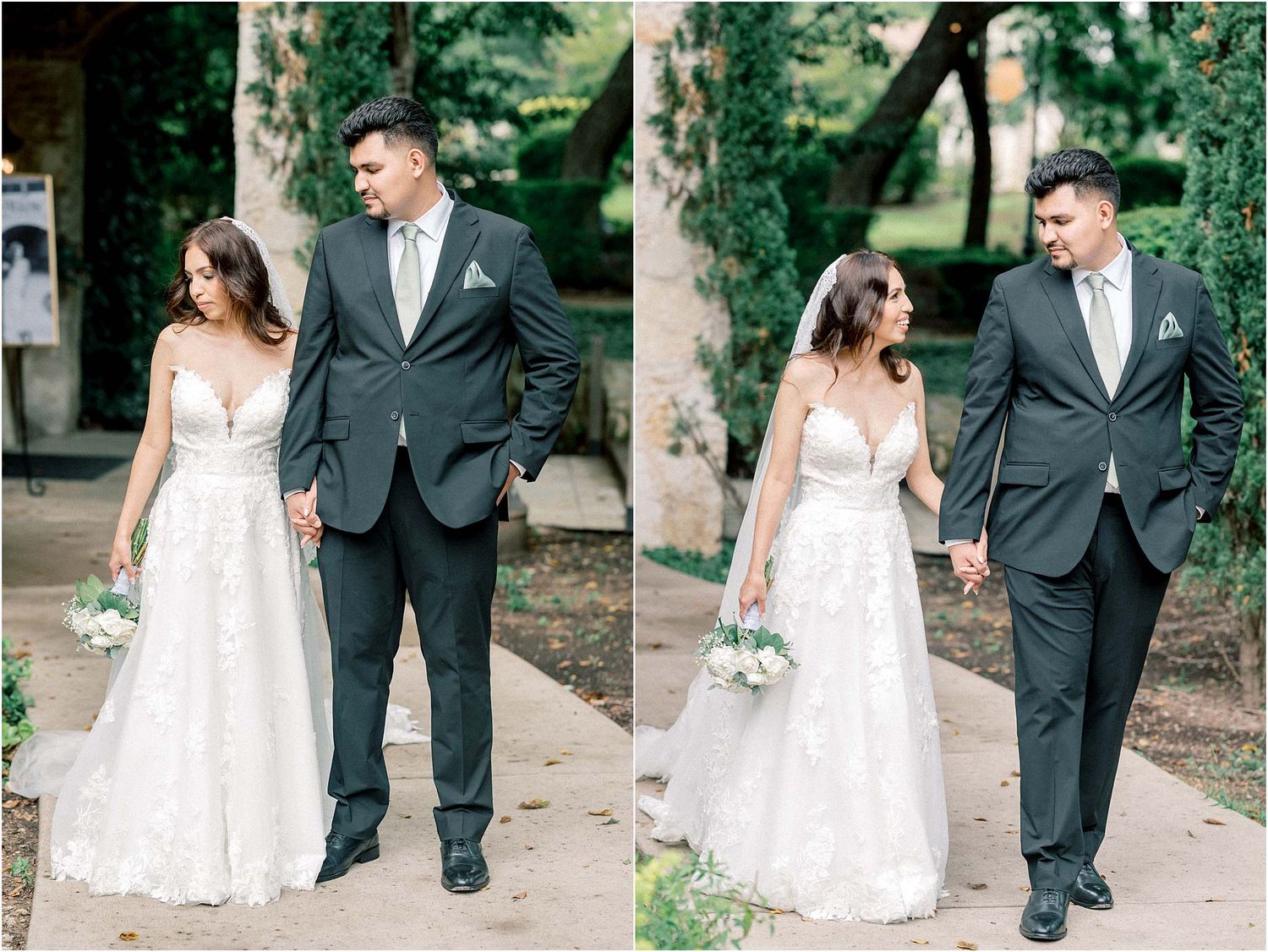 Wedding portraits of a couple walking together in a garden setting with white florals.