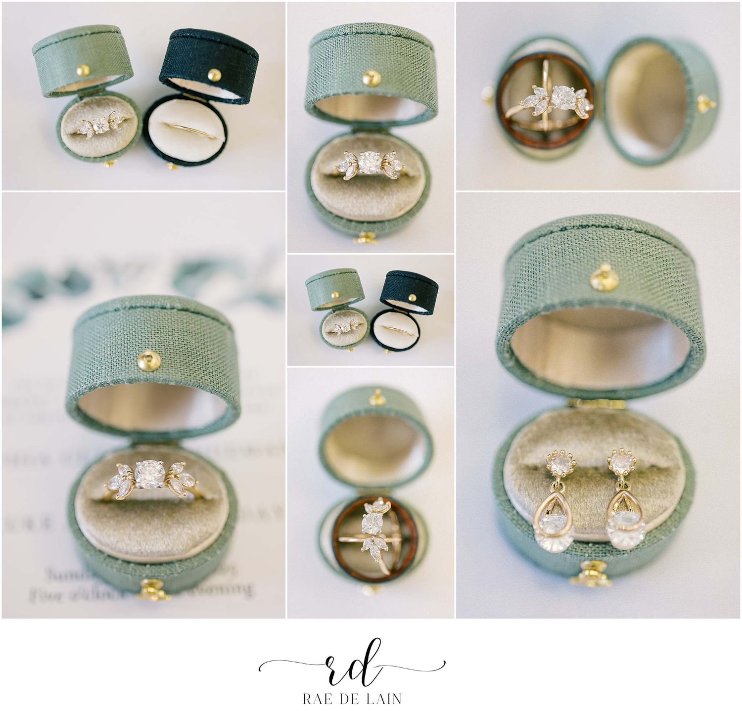 Collection of vintage-style ring boxes displaying wedding jewelry.
