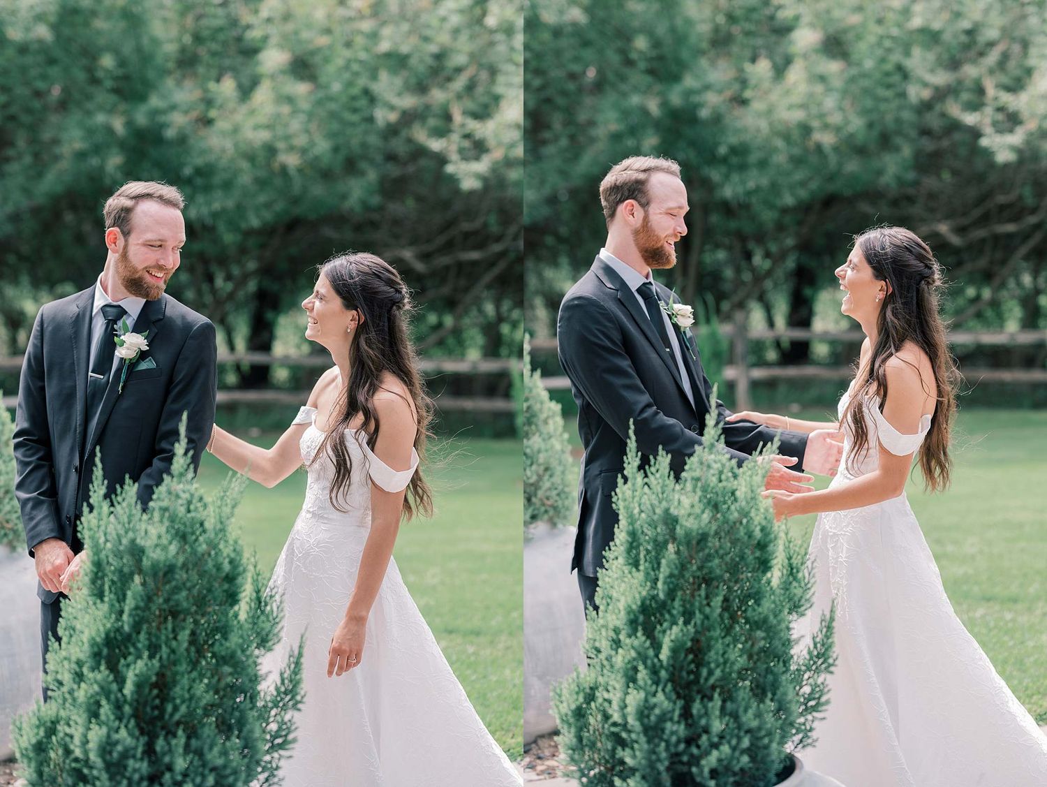 Wedding couple sharing joyful moments in a garden with evergreen trees.