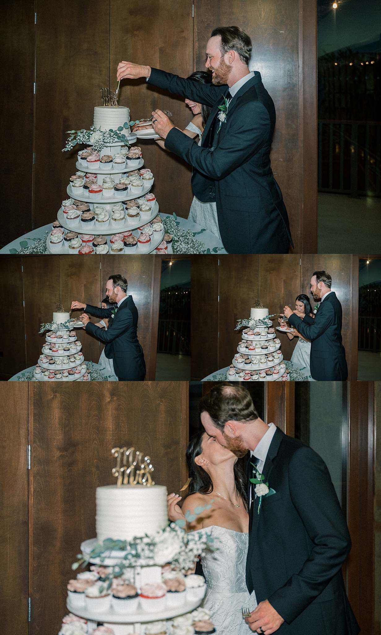 A tiered wedding cake cutting sequence showing the traditional cake cutting ritual at an elegant reception.