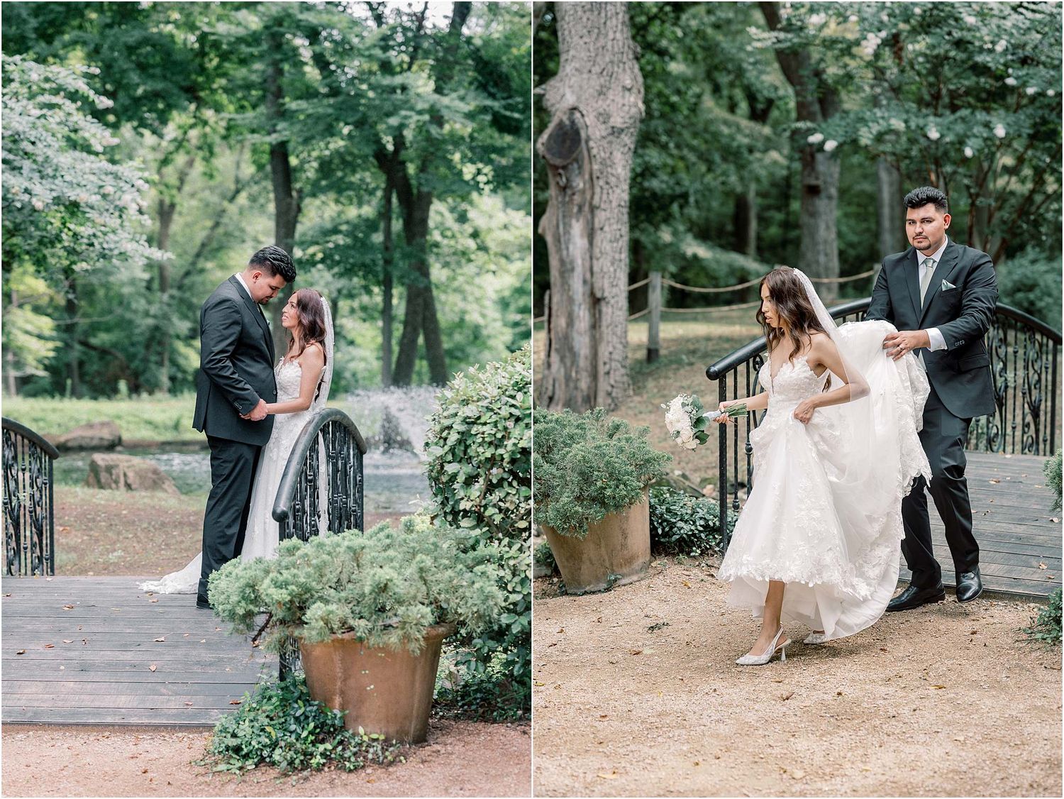 Wedding couple poses in a lush garden setting with natural greenery and stone pathways.