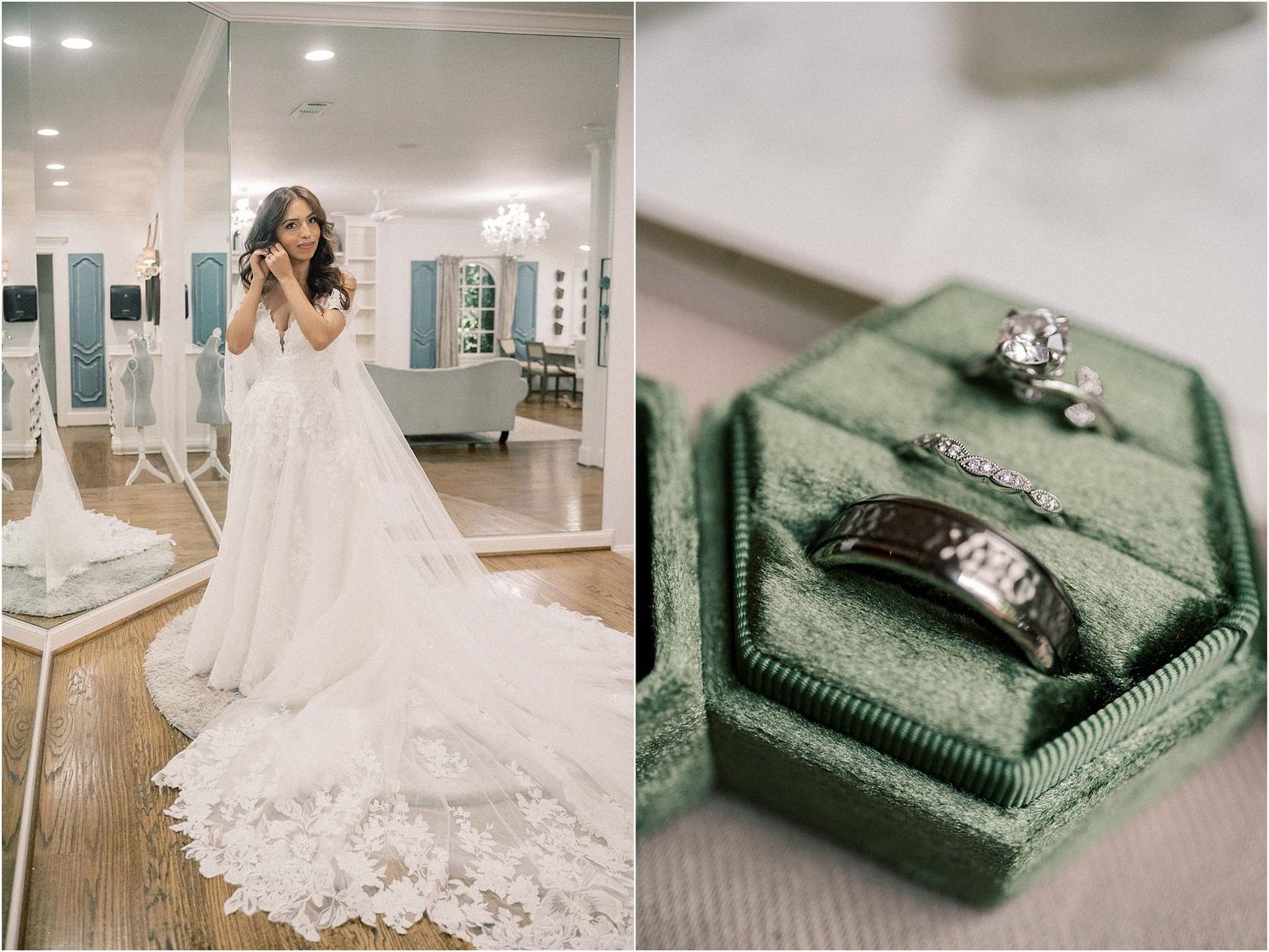 Wedding detail shots featuring rings, dress lace, and accessories in soft neutral tones.